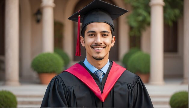 hispanic mexican graduate student guy portrait wearing graduation hat and gown from Generative AI