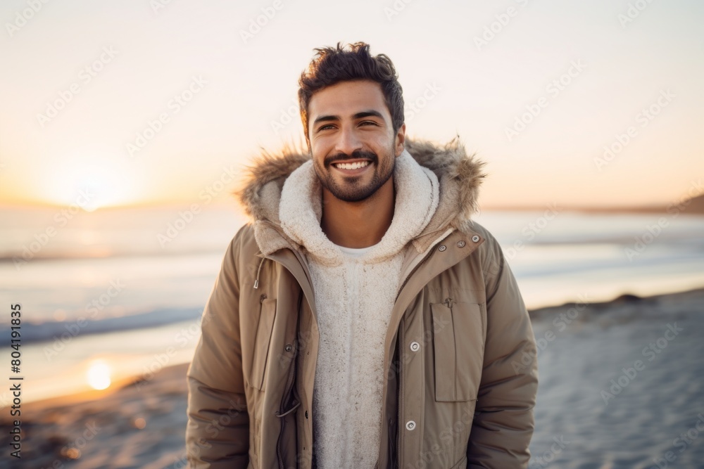 Sticker portrait of a blissful indian man in his 20s wearing a warm parka isolated on beautiful beach sunset