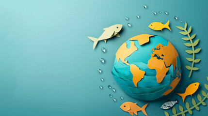 Paper planet Earth and fishes on color background.