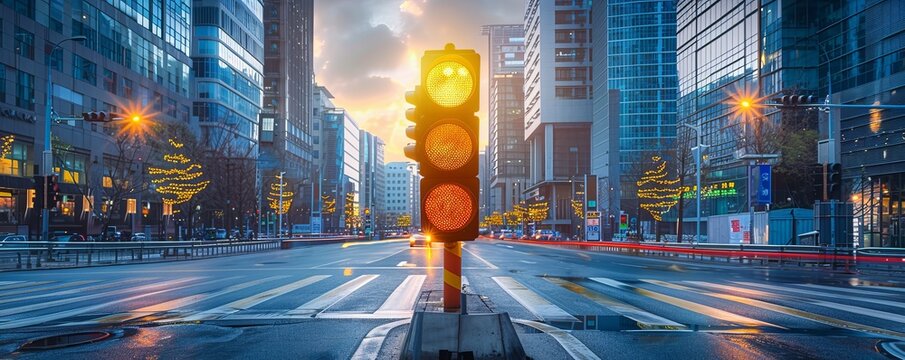Yellow traffic light at an intersection in the middle of a cityscape in a modern financial area