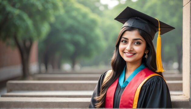 south asian graduate student girl portrait wearing graduation hat and gown from Generative AI