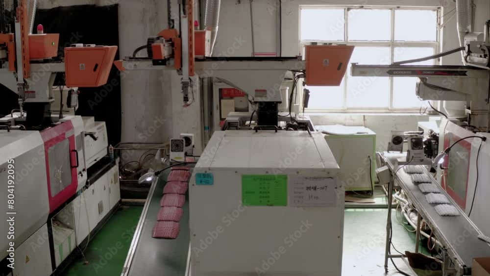 Poster robots performing tasks on the production line in a chinese factory. plastic injection molding machi