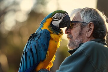 A man proudly displays a colorful macaw perched on his shoulder, showcasing a strong bond between human and bird - Powered by Adobe