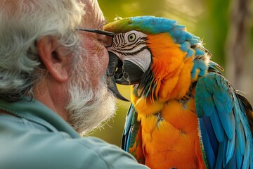 A man is standing with a colorful parrot perched on his shoulder, showcasing a bond between human and bird