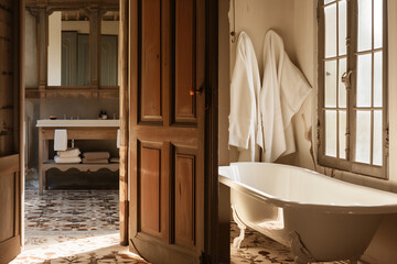 an ornately decorated bathroom with wooden cabinets and a bathtub
