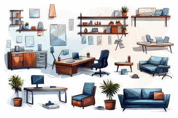 Set of sketches on the topic of office work. Workspace, desktop, full, computer, furniture and interior items