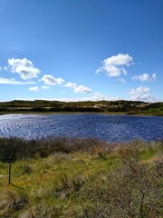 A small lake formed after rain in the Dutch sand dunes, shot on a sunny day. 