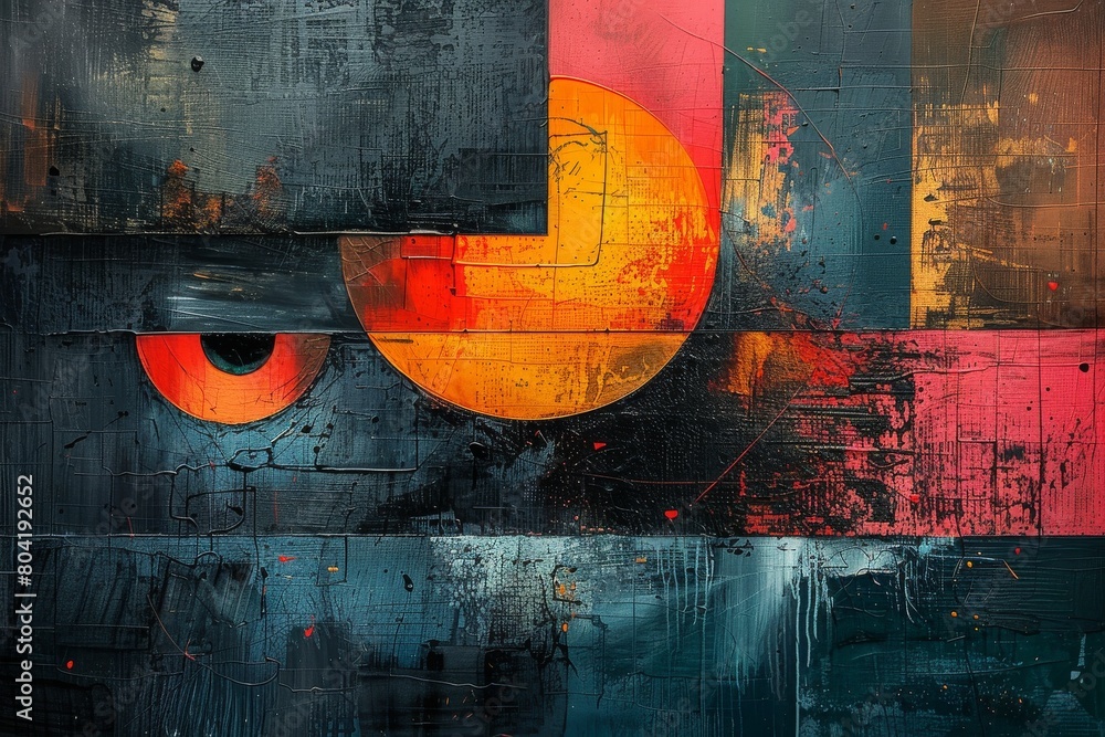 Poster an abstract digital painting with bold geometric shapes and a striking eye-like form that commands a