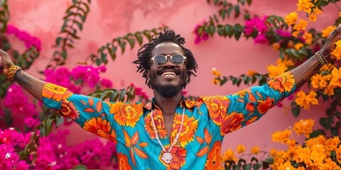 Dancing trendy African American man in colorful dress surrounded by the blooming flowers