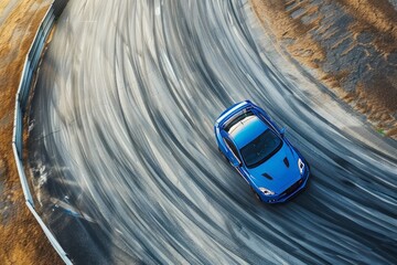 A high-speed blue car leaves streaks of rubber as it races down a winding road, showcasing fast movement and agility