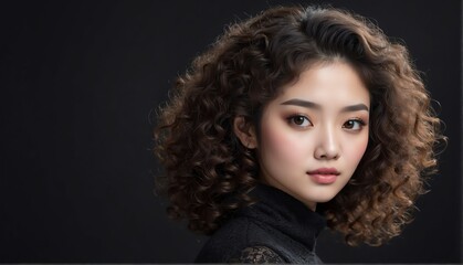 beautiful asian female fashion model with curly hair close-up portrait posing on plain black background from Generative AI