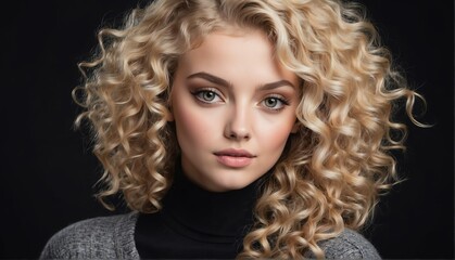 Fototapeta premium beautiful blonde female fashion model with curly hair close-up portrait posing on plain black background from Generative AI