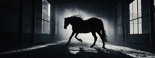 Fast galloping black and white horse casting shadow while art minimalist, silhouette concept
