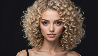 Fototapeta premium beautiful blonde female fashion model with curly hair close-up portrait posing on plain black background from Generative AI
