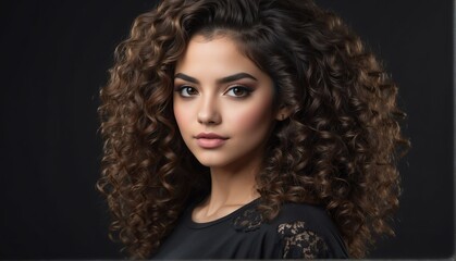 beautiful hispanic female fashion model with curly hair close-up portrait posing on plain black background from Generative AI
