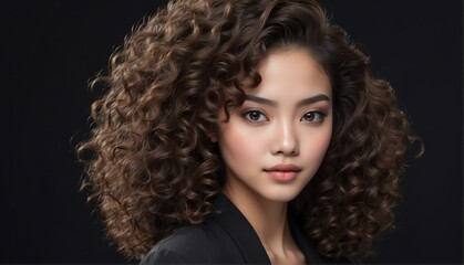 Fototapeta premium beautiful filipina female fashion model with curly hair close-up portrait posing on plain black background from Generative AI