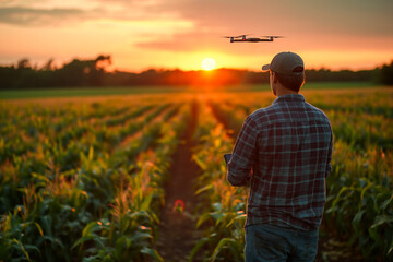 Farmer controlling drone over cornfield at sunset