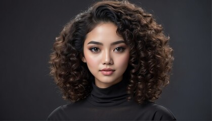 beautiful indonesian female fashion model with curly hair close-up portrait posing on plain black background from Generative AI