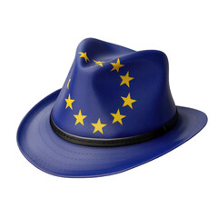 A stylish fedora hat rendered in a vibrant blue color with a pattern of yellow stars arranged in a circle, reminiscent of the European Union flag - AI Generated Digital Art