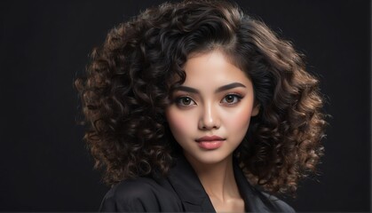 Fototapeta premium beautiful indonesian female fashion model with curly hair close-up portrait posing on plain black background from Generative AI