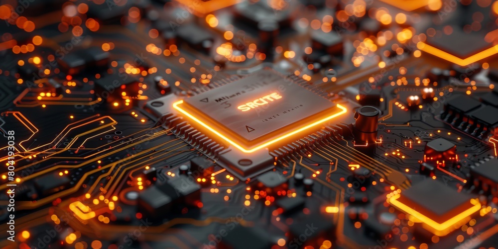 Aufkleber configure technology concept with tool symbol on a microchip. orange neon data flows between the cpu