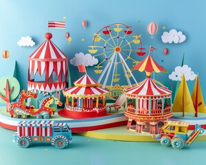 A lively festive carnival, amusement park rides, games, and laughter, create entertainment to kids and persons, Papercraft art style.
