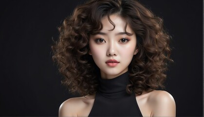 beautiful korean female fashion model with curly hair close-up portrait posing on plain black background from Generative AI