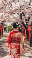 Japanese woman in traditional kimono dress holding sweet hanami dango dessert while walking in the park at cherry blossom tree during spring sakura festival