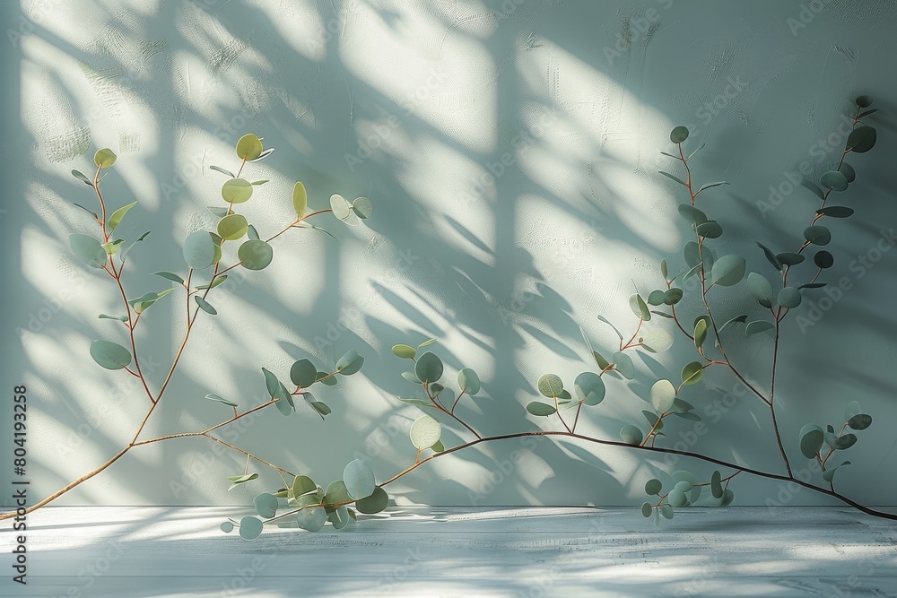 Poster serene composition of eucalyptus branches casting delicate shadows on a textured wall, offering a se