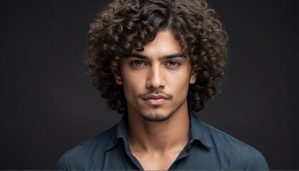Fototapeta premium handsome hispanic male fashion model with curly hair close-up portrait posing on plain black background from Generative AI