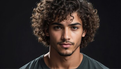 handsome hispanic male fashion model with curly hair close-up portrait posing on plain black background from Generative AI