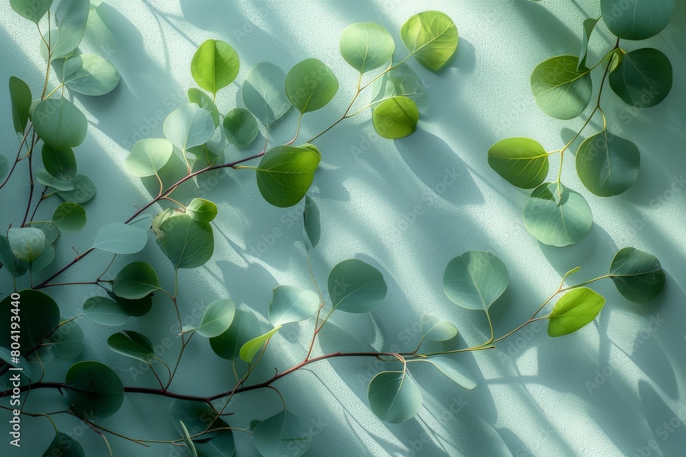 Poster a close-up of eucalyptus leaves with sunlight filtering through, casting intricate shadows on a text