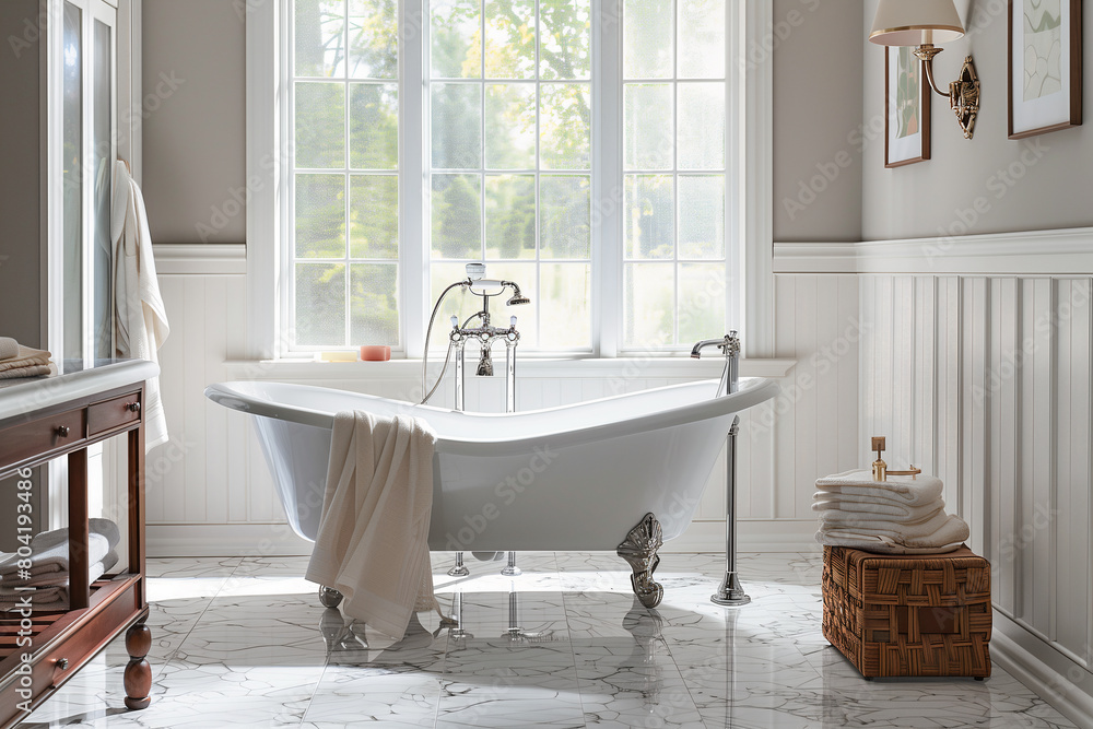 Canvas Prints an elegant white bathroom with gray walls and flooring, including a claw foot tub