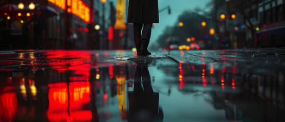 Mysterious figure on rainy city street at night