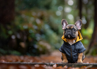 小雨の降る梅雨の公園でペット用のレインコートを着ておすわりしているかわいいフレンチ・ブルドッグ
