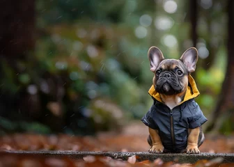 Fotobehang 小雨の降る梅雨の公園でペット用のレインコートを着ておすわりしているかわいいフレンチ・ブルドッグ  © fukupan