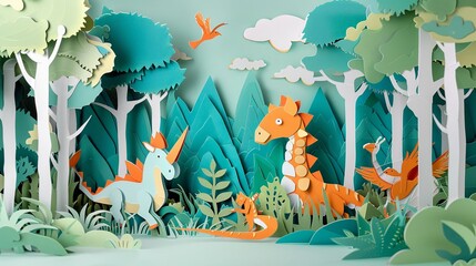 A whimsical 3D paper cutting scene depicting a cutie forests retro-style, dense jungle teeming with lush greenery and legendary dinosaurs on a quest for survival.