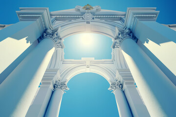 The archway is white and the sky is blue