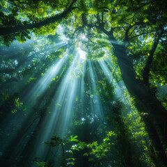 Obraz premium Sunlight filters through a dense forest canopy creating magical sunbeams