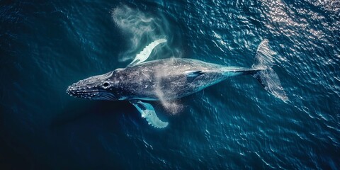 Aerial view of a humpback whale diving back under the surface