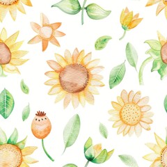Watercolor painting seamless pattern of a field of flowers with a sunflower in the center. The painting is full of bright colors and has a cheerful, uplifting mood.