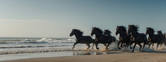 Herd of Friesian black horses galloping on beach