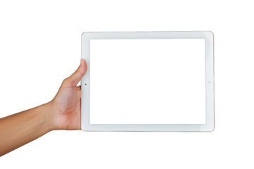Man's hand holding a white tablet with transparent screen mockup isolated on a cutout PNG transparent background