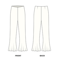 Technical drawing of clash pants front and back view. Vector pattern of fashionable pants flared to the bottom. Sketch of women's summer pants, vector.