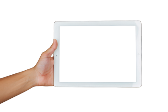 Man's hand holding a white tablet with transparent screen mockup isolated on a cutout PNG transparent background
