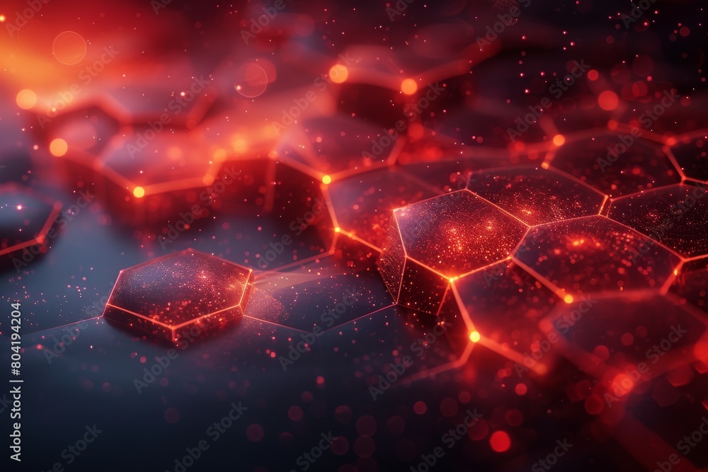 Poster a vibrant red hexagonal pattern with a focus on luminous connections and futuristic design