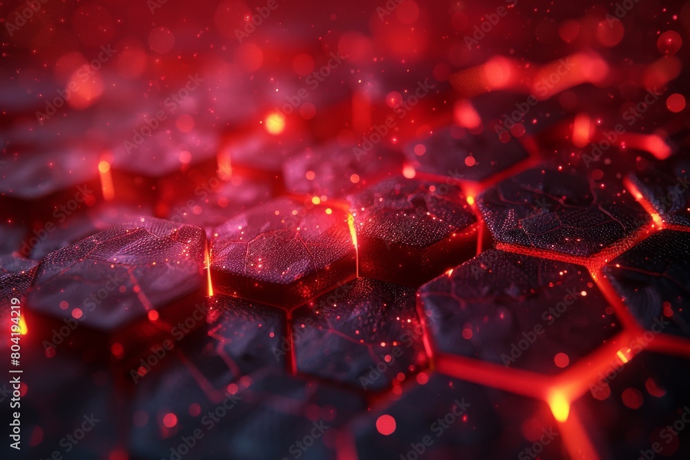 Poster macro shot of a red illuminated hexagonal pattern on a black background, symbolizing technology