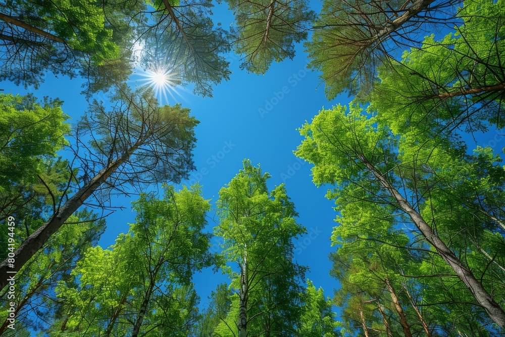 Poster clear upward view of a forest canopy with tall trees and the sun creating a serene and dynamic light