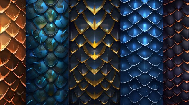 Dragon scales and snake skin textures. Modern illustration representing fish, mermaids, reptiles, fantasy monsters and dragons.