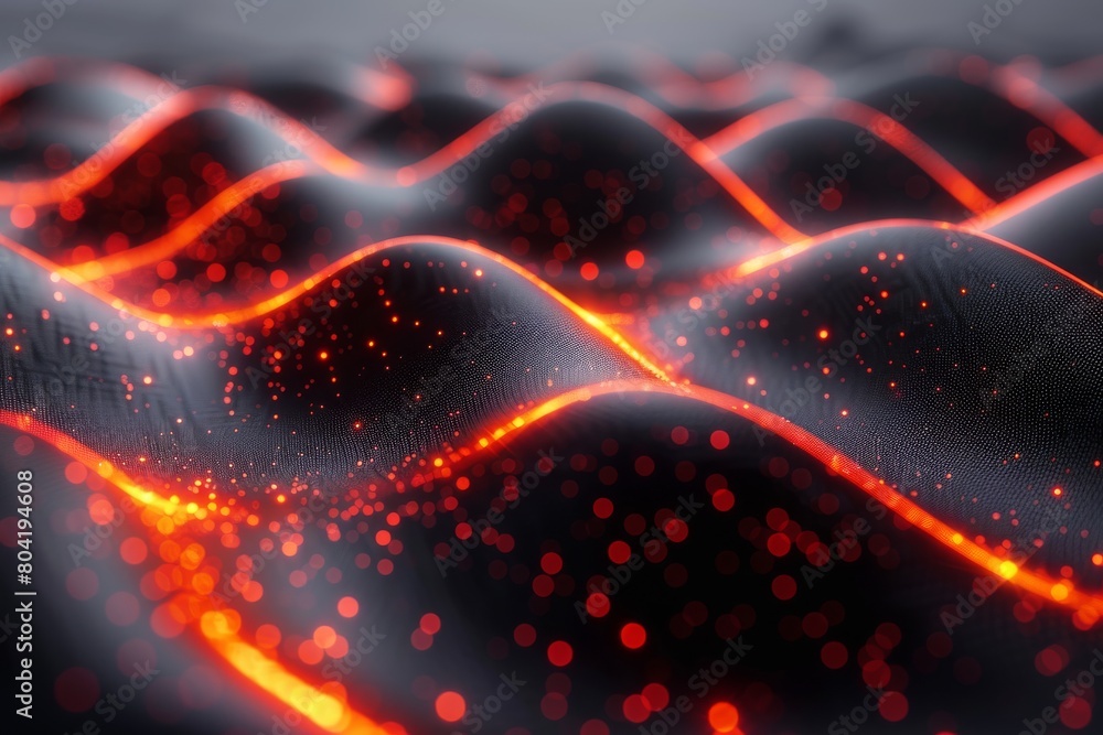 Poster this image captures a wavy textured surface with red highlights and bokeh effects, representing data